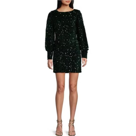 Gianni Bini Long Sleeve Green Sequin Draped Back Dress SZ‎ M - NWT